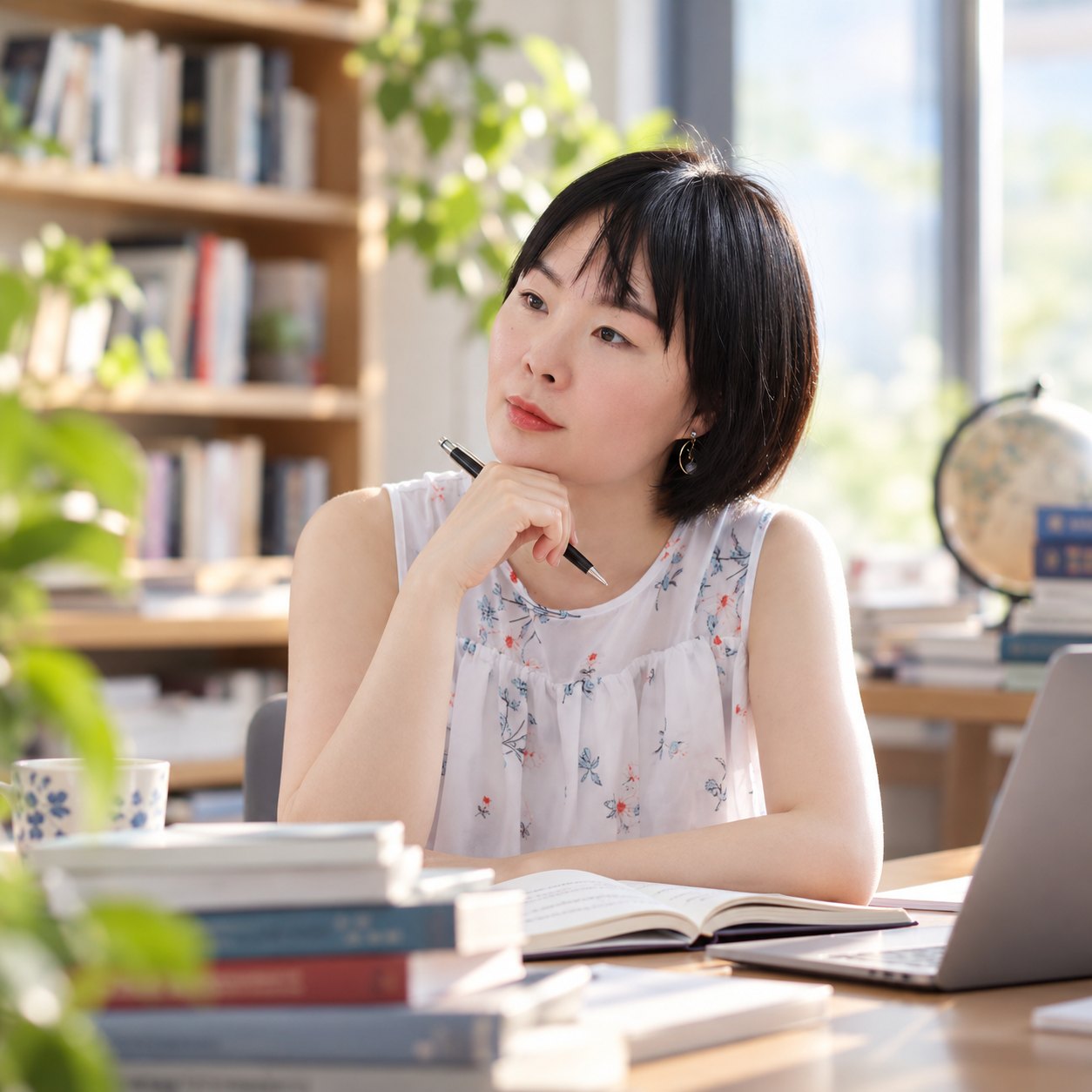 Cynthia Hong reflecting beside books and an open notebook in a sunlit study